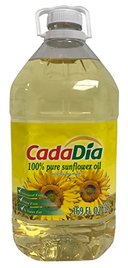 CadaDía 100% Pure Sunflower Oil ,First Cold Press, NON GMO, Kosher, Good for Frying, Baking, and Salads.5 L (169 Fl Oz) (1.32 GAL)
