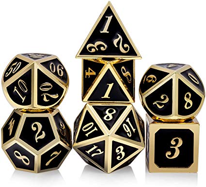 DNDND Metal Dice Set D&D, 7-die Zinc Alloy Black Metal Dice with Gold Art Number for Role Playing Game Dungeons and Dragons RPG and Table Game