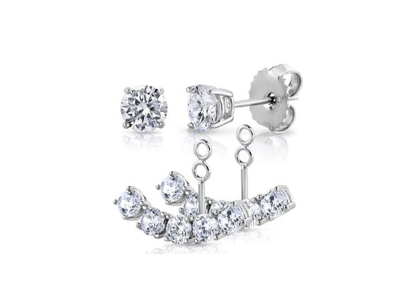 Sterling Silver Front Back 2 in 1 Cubic Zirconia AAA Quality Stud and Ear Jacket Cuff Earrings Set