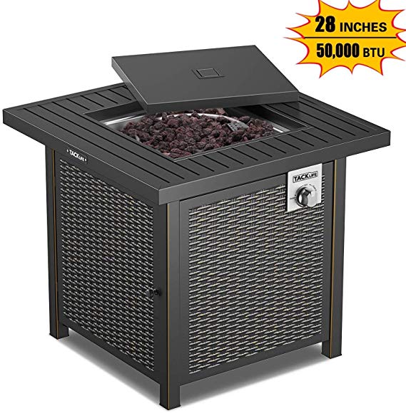 TACKLIFE Propane Fire Pit Table, 28 inches Gas Fire Table, 50,000 BTU Auto-Ignition, Resin Wicker Panels, Lava Stone, Steel Material, No Ash, CSA Safety Certification-HXGFP02