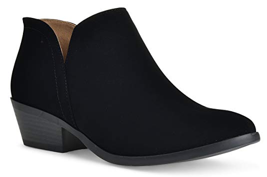 Women's Madeline Western Almond Round Toe Slip on Bootie - Low Stack Heel - Zip Up - Casual Ankle Boot