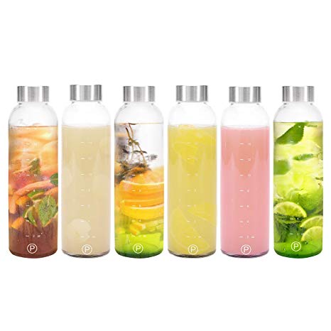 Pratico Kitchen 18oz Leak-Proof Glass Bottles, Juicing Containers, Water/Beverage Bottles - 6-Pack