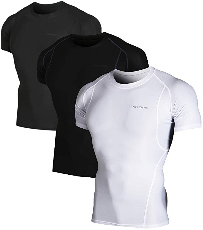 DEVOPS Men's 3 Pack Cool Dry Athletic Compression Short Sleeve Baselayer Workout T-Shirts