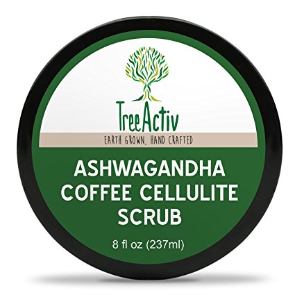 TreeActiv Ashwagandha Coffee Cellulite Scrub | Anti Cellulite Treatment | Natural Cellulite Remover from Legs and Body | Caffeine, Juniper Berry and Pink Grapefruit Essential Oil, Cocoa Bioferment 8oz