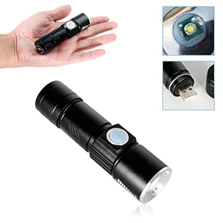 Mini USB Rechargeable Pocket Flashlight Cree Q5 LED Super Bright 4X Zoomable Aluminum Alloy Portable for Home Factory School Camping Hiking Caving Indoor Outdoor (1Pc Built-in Battery)