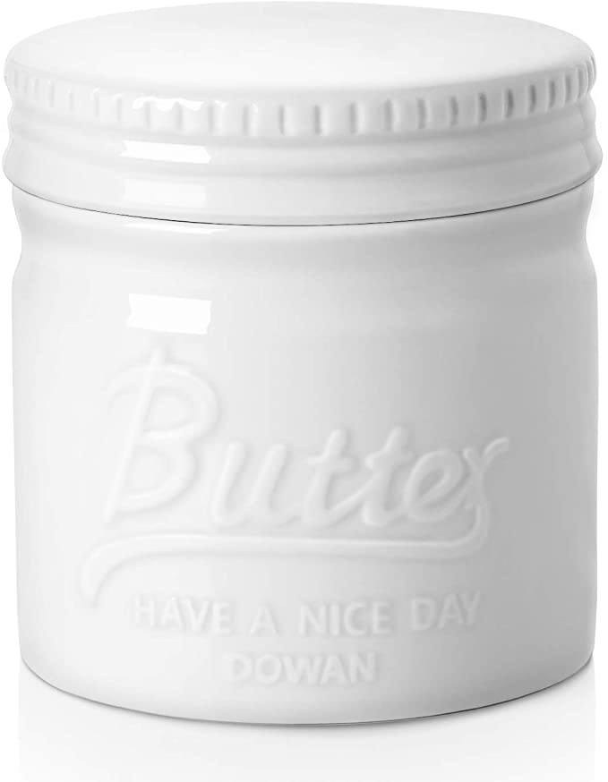 DOWAN Porcelain Butter Crock - Butter Keeper for Countertop, Mason Jar Style Butter Crock with Lid, French Butter Dish, Farmhouse Butter Crock with Water, Soft and Spreadable, White