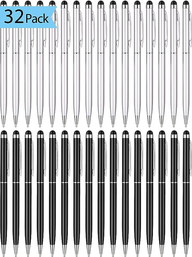 32 Pieces Stylus Pen for Touch Screens, 2 in 1 Universal Ballpoint Fine Tip Stylus Metal Pens, Black Ink, for Most Capacitive Touch-Screen Phone Tablet (Black, Sliver)