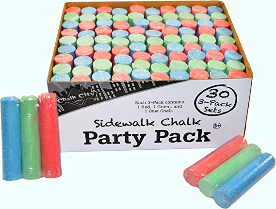Chalk City - Party Pack Sidewalk Chalk 30 Jumbo 3 -Pack Sets of MultiColor Sidewalk Chalk for Party Favors (90 Chalks Total)