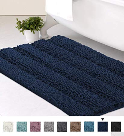 Striped Luxury Chenille Bathroom Rug Mat 20x32 Inch Extra Soft and Absorbent Shaggy Rugs Dry Quickly Plush Rug Carpet for Tub/Toilet/Shower Machine Washable, Navy