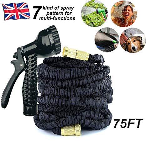 Upgrade 75FT Extendable Garden Hose Pipe with Solid Brass Fitting for 3/4" Faucet Expandable Flexible Magic Lightweighte Hose with 7 Pattern Spray Nozzle Spray Gun for Car Washing, Garden Watering