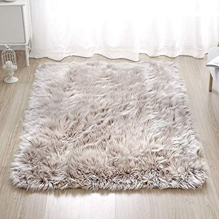 Rectangle Sheepskin Rug Supersoft Fluffy Area Rug Shaggy Silky Throw Rug Floor Mat Carpet Decoration (4 ft x 6 ft, Coffee)