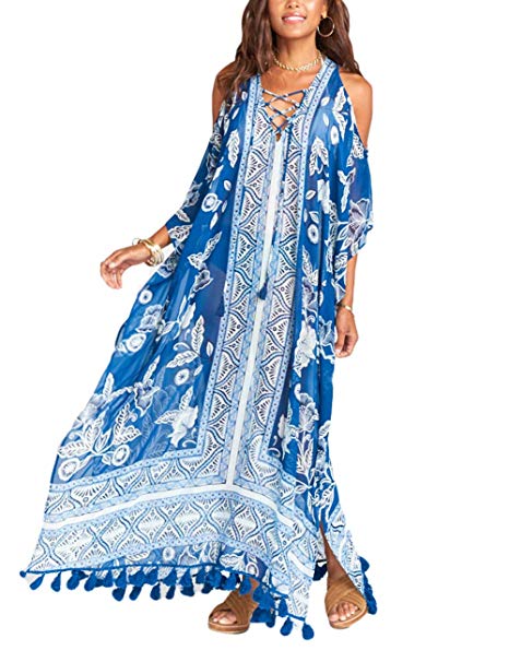 Bsubseach Women's Print Chiffon/Rayon Swimwear Turkish Kaftans Swimsuit Cover up Caftan Beach Long Dress