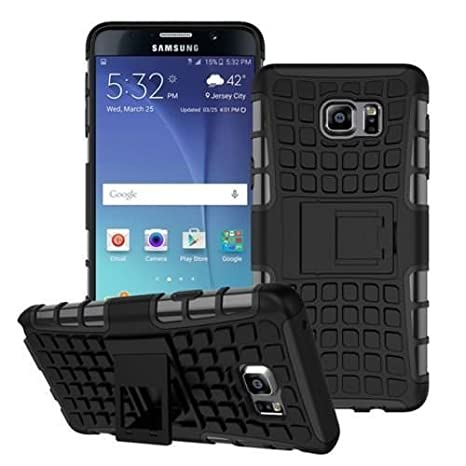 Qlez Heavy Duty Drop Test Pass Dual Layer Hard Rugged Bumper Back Media View Kickstand Cover for Samsung Galaxy Note 5 - Black