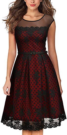 MISSMAY Women's Vintage Cocktail Party Embroidered Lined Polka Dots Swing Dress
