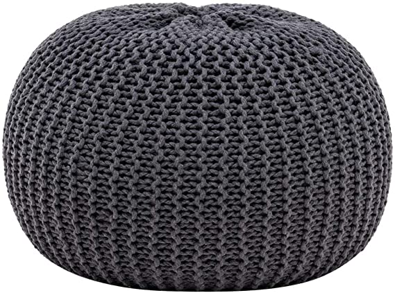 Hand Knitted Round Ottoman Pouf Footrest 17.3x17.3x12.6 INCH, Cotton Braided Cord Pouf Foot Stool, Knit Bean Bag Floor Chair for Bed Room Living Room (Gray)