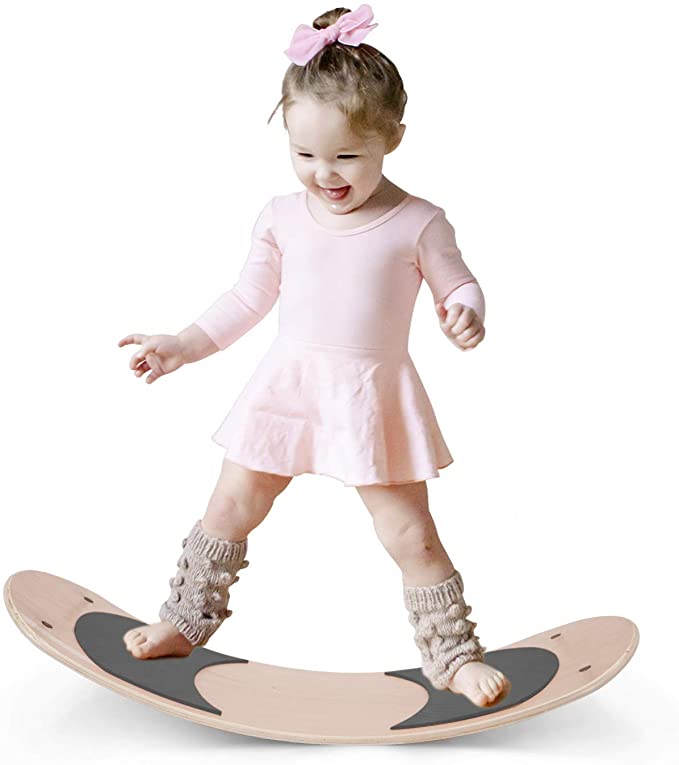 HAN-MM Wooden Balance Board Wobbel Balance Board Kid Yoga Board Curvy Board - Wooden Rocker Board Grey