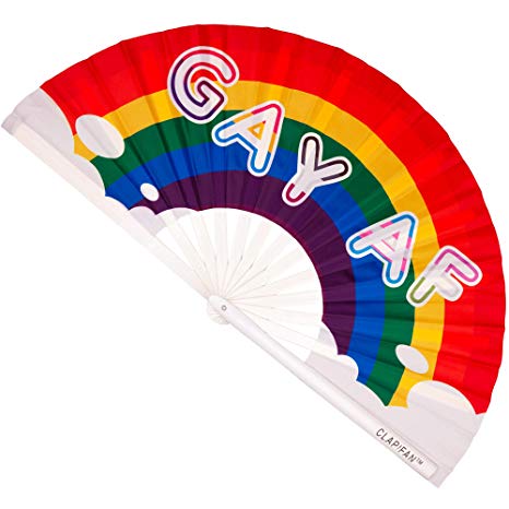 ClapFan Rave Fan Rainbow Gay Pride LGBT Parade, Large Bamboo Loud Clack Folding Hand Fan for Circuit Party, Drag, EDM Music Festival, Cruise, Club, Event, Dance, Gay AF, for Men/Women, 13 in. (White)
