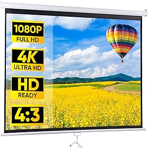 ZENY Portable Projector Screen Pull Down, 72 Inch 4:3 Video Projection Screen Home Theater, Retractable Projector Screen White, Indoor Outdoor Moive Screen, Wall/Ceiling Mount (72'' 4:3)