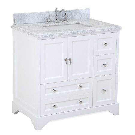 Madison 36-inch Bathroom Vanity (Carrara/White): Includes Italian Carrara Marble Top, White Cabinet with Soft Close Drawers & Doors, and Rectangular Ceramic Sink