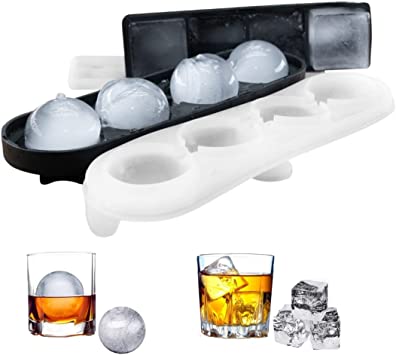 [2 Pack - 8 Cubes Total] Large 2" Ice Cube Trays for Whiskey, Bourbon and Cocktails – Silicone Square and Round Ball Ice Cube Trays with Lid – Black