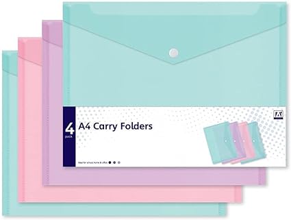 4 Assorted Pastel Colour A4 Document Stud Wallets Plastic Carry Popper Folder Pink Aqua