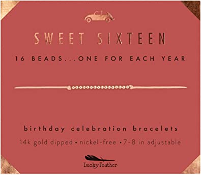 Lucky Feather Sweet 16 Gifts for Girls; 16th Birthday Bracelet Gift Idea for 16 Year Old Girls with 14K Gold Dipped Beads on Adjustable Cord