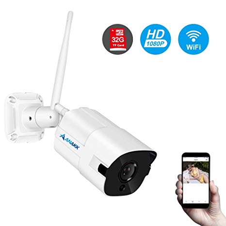 Anakk Wireless WiFi IP Security Camera, HD 1080P Outdoor Wireless WiFi Outdoor Waterproof Bullet Home Surveillance Camera Pre-Installed 32G MicroSD Card with 3.6mm Lens Night Vision
