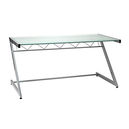 Euro Style Z Deluxe Frosted Glass Top Large Desk With Shelf, Aluminum Steel Frame