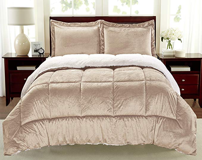 Cathay Home Fashions Reversible Faux Fur and Sherpa 2 Piece Comforter Set, Twin, Carmel