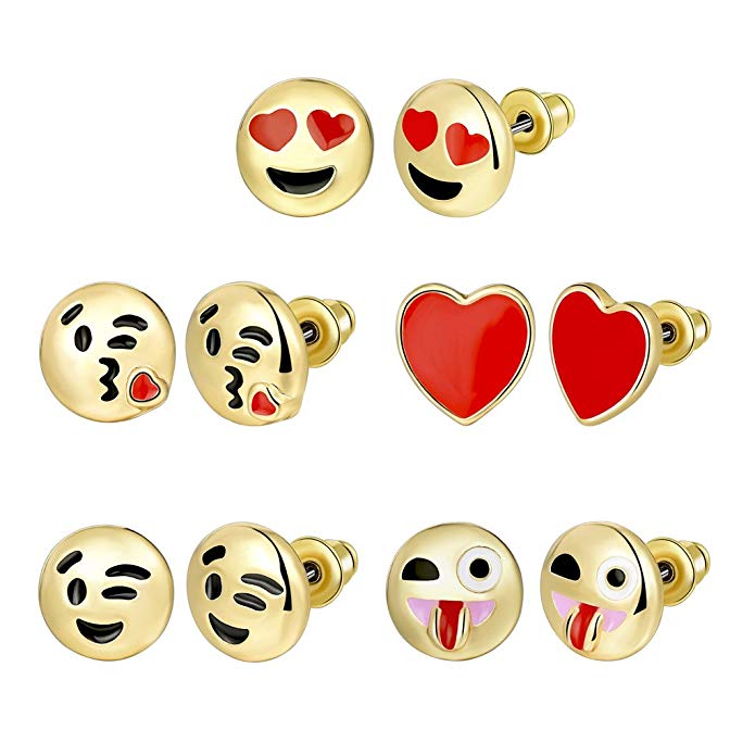 5pcs Gold Plated Cute Funny Emoticon Faces Stud Earrings Set for Women Girls