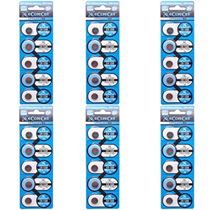 eCoreCell (30pcs) CR1220 5012LC 3V 3 Volt Lithium Single Use Non-rechargeable Button Coin Cell Battery