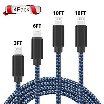 Xpener for iPhone charger, [4Pack 3FT 6FT 10FT 10FT]Nylon Braided 8 pin iphone Lightning cable to USB Charger Compatible with iPhone 7/7 Plus/6s/6s Plus/6/6 Plus/5/5S/5C/SE/iPad (Blue)