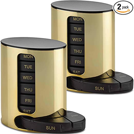 Weekly Pill Organizer - 2Pack - 4 Times-A-Day, Daily Stackable Medication Reminder - Weekly AM/PM Pill Box with 7 Individual Stacking Cases, a Everyday Medicine Organizer for Vitamins, Black & Gold