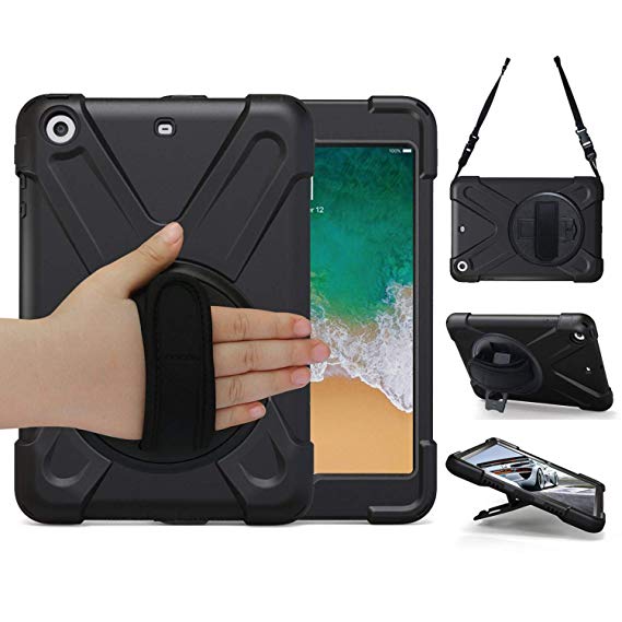 iPad Mini Case TSQ [iPad Mini 3 Case][iPad Mini 2 Case] Heavy Duty Rugged Protective Shockproof Cover With 360 Degree Rotating Stand, Handle Hand Strap/Shoulder Strap For iPad Mini case for Kids Black