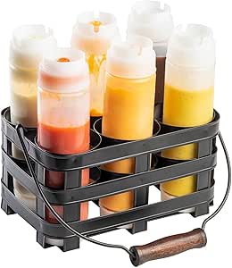 Tablecraft Forge Collection Condiment Caddy, Galvanized Black Steel Table Caddy with Mango Wood Handles, Rectangular Condiment Holder for (6) 63mm Bottles, Ideal for Professional Chefs and Restaurants