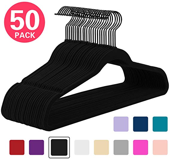 MIZGI Premium Velvet Hangers (Pack of 50) Heavyduty - Non Slip - Velvet Suit Hangers Black - Black Coated Hooks,Space Saving Clothes Hangers (Black/Black)