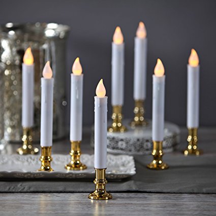 Flameless White LED Taper Candles with Gold Removable Candle Holders, Remote & Batteries Included - Set of 8
