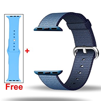 INTENY Woven Nylon Strap Buckle Replacement Wrist Bracelet with Silicone Band for Apple Watch Band Series 1 Series 2 42mm-Navy&Tahoe Blue