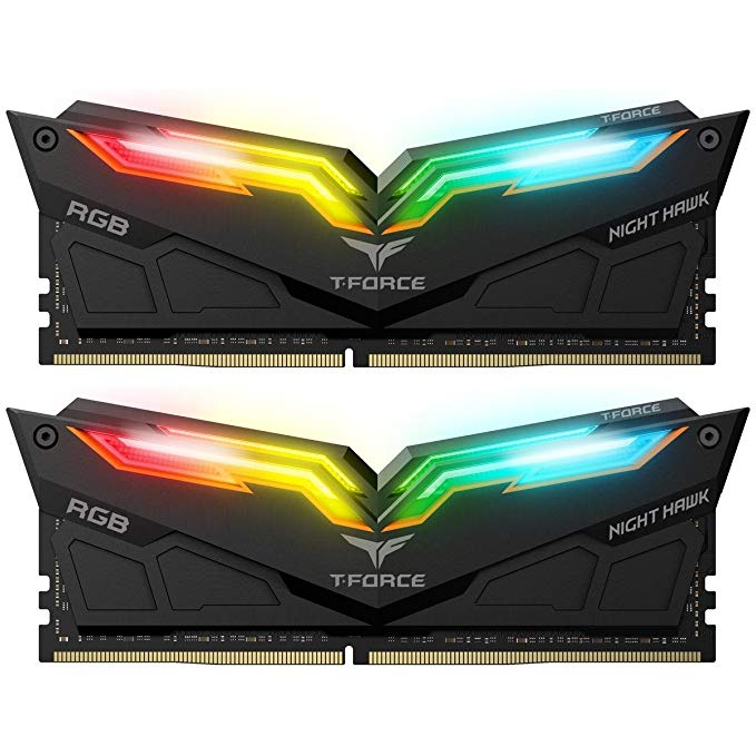 High Performance Gaming Products from TeamGroup Night Hawk RGB Black, 16GB (2 x 8GB) DDR4-3200 MHz Desktop Memory RAM, Timing CL16-18-18-38, Voltage 1.35V