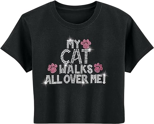 Collections Etc My Cat Walks All Over Me Sparkling Rhinestone T-Shirt