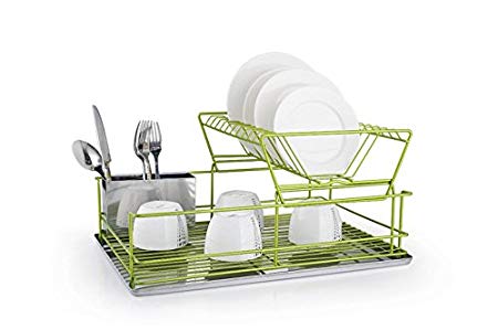 FurnitureXtra Stainless Steel Dish Drainer with Drip Tray and Cutlery Holder (2 Tier Green)