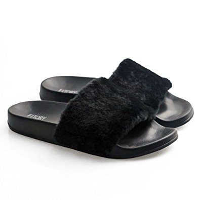 FITORY Women Slides Slippers,Faux Fur Slide Slip On Flats Sandals With Arch Support Open Toe Soft Girls Indoor Outdoor Shoes