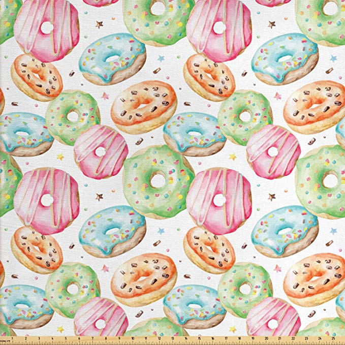 Ambesonne Colorful Fabric by The Yard, Delicious Watercolor Pattern with Doughnuts Hand Drawn Yummy Tasty Pastries Bakery, Decorative Fabric for Upholstery and Home Accents, 1 Yard, Pastel Green