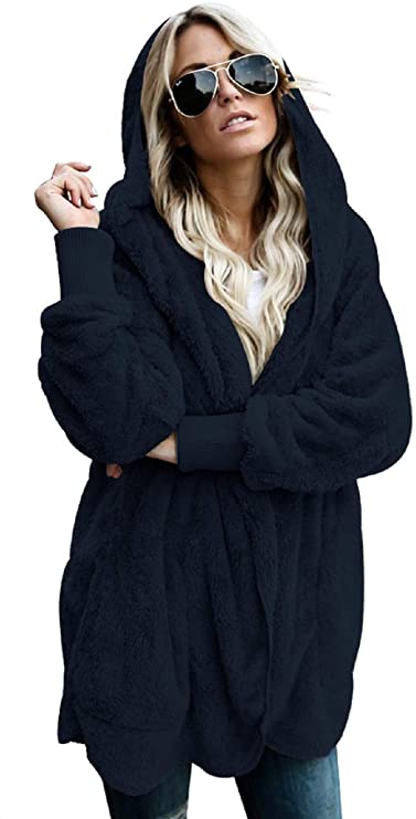 Dokotoo Womens Long Sleeve Solid Fuzzy Fleece Open Front Hooded Cardigans Jacket Coats Outwear with Pocket