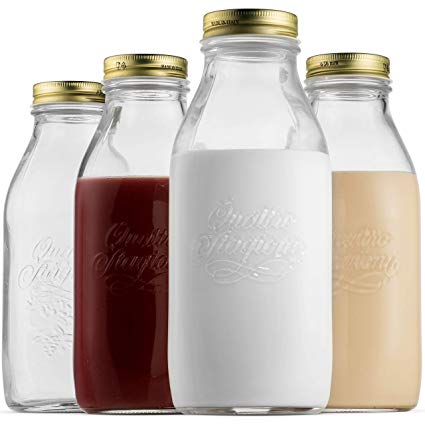 Bormioli Rocco Quattro Stagioni Glass Milk Bottle 33.75 Ounce/1 Liter with Airtight Lid, Great For Kombucha Brewing Bottle, Beer, Homemade Juicing, Smoothies, Beverages, Durable Construction. (4 Pack)