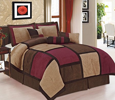 Legacy Decor 7 Piece Brown & Burgundy Micro Suede Patchwork Comforter Bed-in-a-bag Set Washable Queen Size