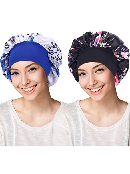 Blulu 2 Pieces Satin Bonnet Night Sleep Cap Sleeping Head Cover for Women Girls, 2 Types