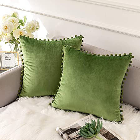 Ashler Throw Pillow Cases with Soft Pom Poms Velvet Plush Vibrant Elegant Cushion Covers, Pack of 2, Green 26 x 26 inches 66 x 66 cm