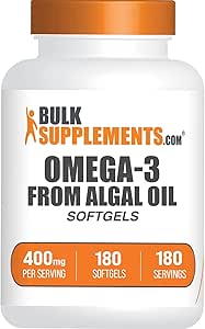 BulkSupplements.com Omega-3 Softgels - from Algal Oil, Algae Oil Omega 3 Supplement - 400mg of Omega-3, Gluten Free, 1 Softgel per Serving, 180 Count (Pack of 1)