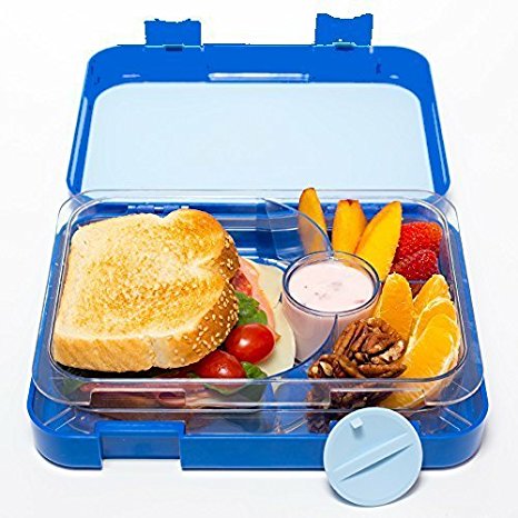 Bento Lunch Box-Blue- by mmmLunchBuddies-Double Leak Proof Container-New Dual Latch-Great for Kids or Adults   FREE INSULATED LUNCH BAG-Healthy Portion Plate-4 Compartment-Microwave-Dishwasher (Blue)